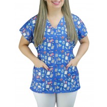 Scrubs Camiseta Mameluko Bata Hospitalar Estampa Clinica Amor pela Seringa - Azul